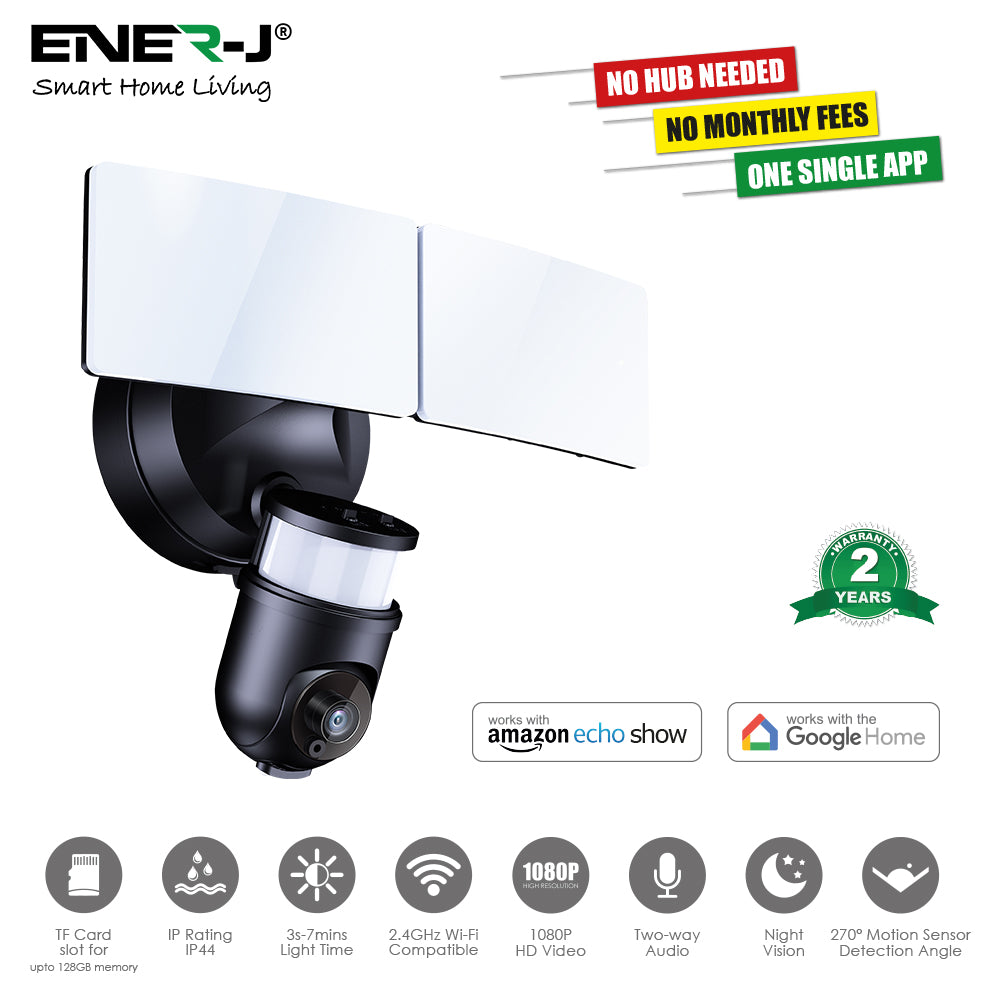 Ener-J ®|SHA5294|1 YR Wifi Outdoor Security Kit with IP Camera and  twin LED Floodlight, way audio, Black *Special 3-5 days lead time