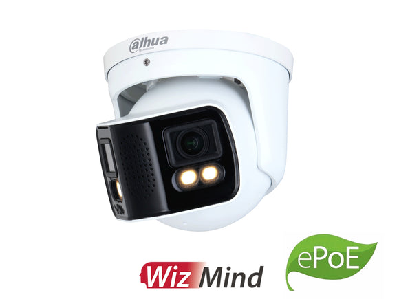 DAHUA®|IPC-PDW5849-A180-E2-ASTE|3 YR WTY. WizMind H.265+ 2 x 4MP Full Colour Dual Splicing 180 Degree Turret Camera, 40m Warm Light, AI Functions, Mic, Alarm Input/Ouput, Audio In/Out, IP67, ePoE, 12Vdc/24Vac *Special order. 3-5 days lead time