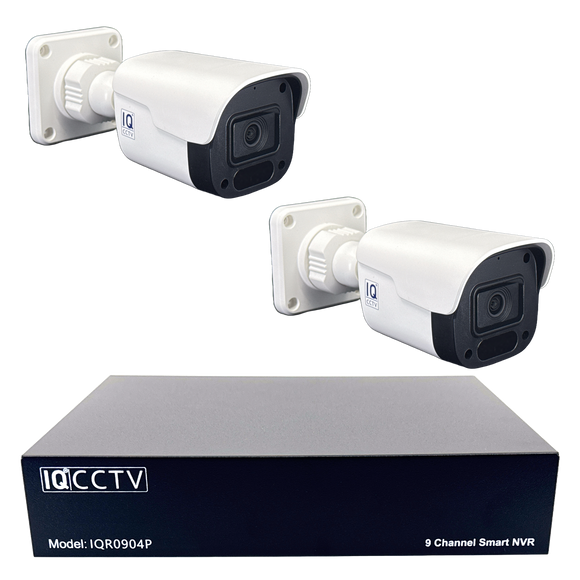 IQCCTV®|IQK02BC|1 YR WTY. 2 camera 4MP IP Bullet CCTV Kit, Smart Motion Detection, 20m cable per camera, 9 channel NVR