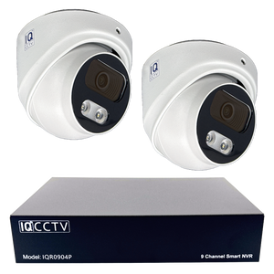 IQCCTV®|IQK02DC|1 YR WTY. 2 camera 8MP/4K IP Dome CCTV Kit, Smart AI, Active Deterrent, 20m cable per camera, 9 channel NVR, NDAA