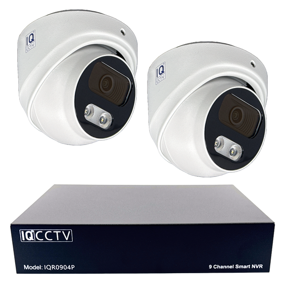 IQCCTV®|IQK02DC|1 YR WTY. 2 camera 8MP/4K IP Dome CCTV Kit, Smart AI, Active Deterrent, 20m cable per camera, 9 channel NVR, NDAA