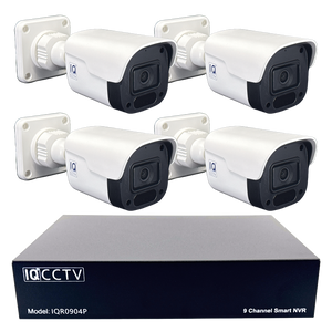 IQCCTV®|IQK04BC|1 YR WTY. 4 camera 4MP IP Bullet CCTV Kit, Smart Motion Detection, 20m cable per camera, 9 channel NVR