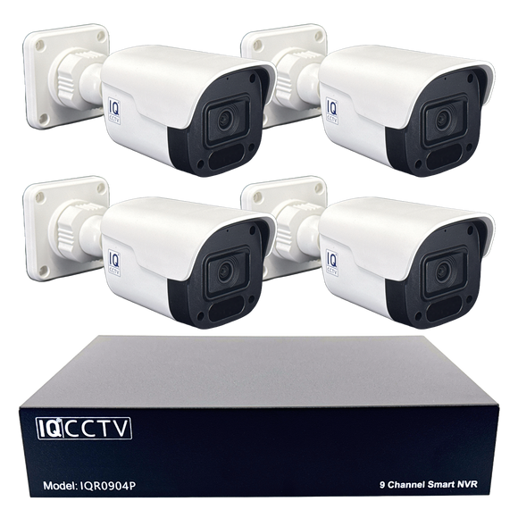 IQCCTV®|IQK04BC|1 YR WTY. 4 camera 4MP IP Bullet CCTV Kit, Smart Motion Detection, 20m cable per camera, 9 channel NVR