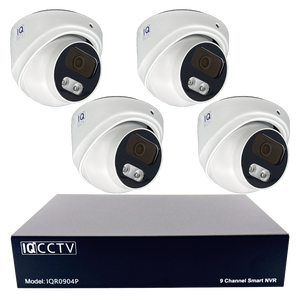 IQCCTV®|IQK04DC|1 YR WTY. 4 camera 8MP/4K IP Dome CCTV Kit, Smart AI, Active Deterrent, 20m cable per camera, 9 channel NVR, NDAA