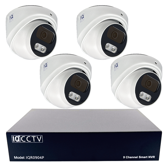 IQCCTV®|IQK04DC|1 YR WTY. 4 camera 8MP/4K IP Dome CCTV Kit, Smart AI, Active Deterrent, 20m cable per camera, 9 channel NVR, NDAA