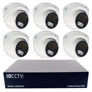 IQCCTV®|IQK06DC|1 YR WTY. 6 camera 8MP/4K IP Dome CCTV Kit, Smart AI, Active Deterrent, 20m cable per camera, 9 channel NVR, NDAA