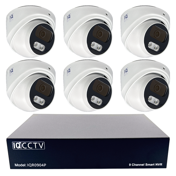 IQCCTV®|IQK06DC|1 YR WTY. 6 camera 8MP/4K IP Dome CCTV Kit, Smart AI, Active Deterrent, 20m cable per camera, 9 channel NVR, NDAA