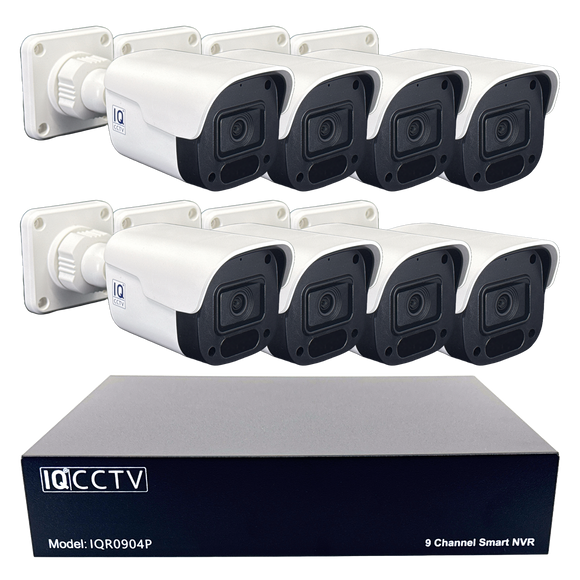 IQCCTV®|IQK08BC|1 YR WTY. 8 camera 4MP IP Bullet CCTV Kit, Smart Motion Detection, 20m cable per camera, 9 channel NVR