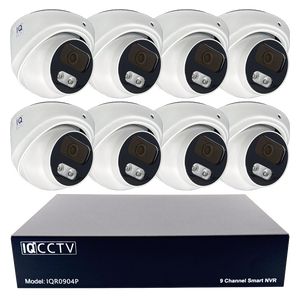 IQCCTV®|IQK08DC|1 YR WTY. 8 camera 8MP/4K IP Dome CCTV Kit, Smart AI, Active Deterrent, 20m cable per camera, 9 channel NVR, NDAA