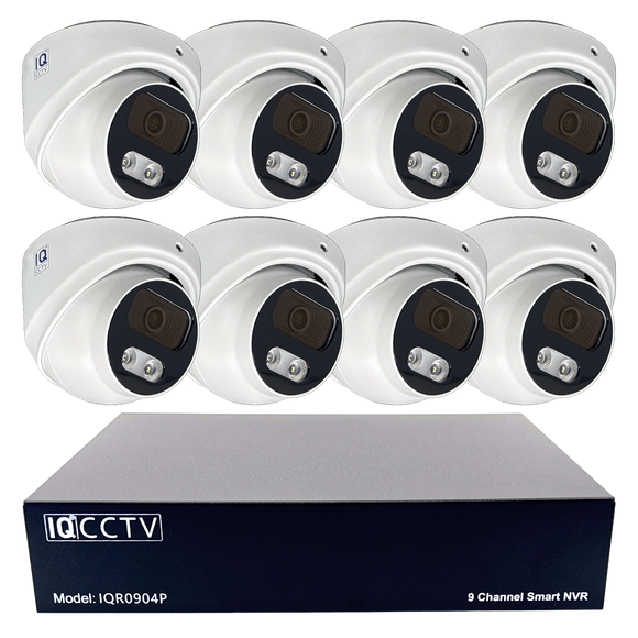 IQCCTV®|IQK08DC|1 YR WTY. 8 camera 8MP/4K IP Dome CCTV Kit, Smart AI, Active Deterrent, 20m cable per camera, 9 channel NVR, NDAA