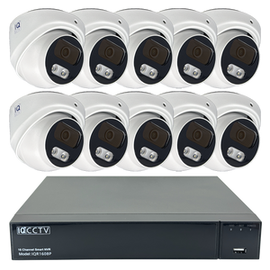 IQCCTV®|IQK10DC|1 YR WTY. 10 camera 8MP/4K IP Dome CCTV Kit, Smart AI, Active Deterrent, 20m cable per camera, 16 channel NVR, NDAA