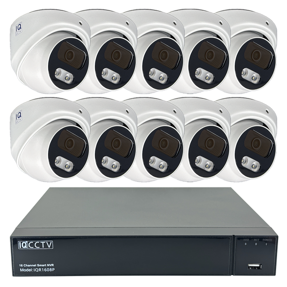 IQCCTV®|IQK10DC|1 YR WTY. 10 camera 8MP/4K IP Dome CCTV Kit, Smart AI, Active Deterrent, 20m cable per camera, 16 channel NVR, NDAA