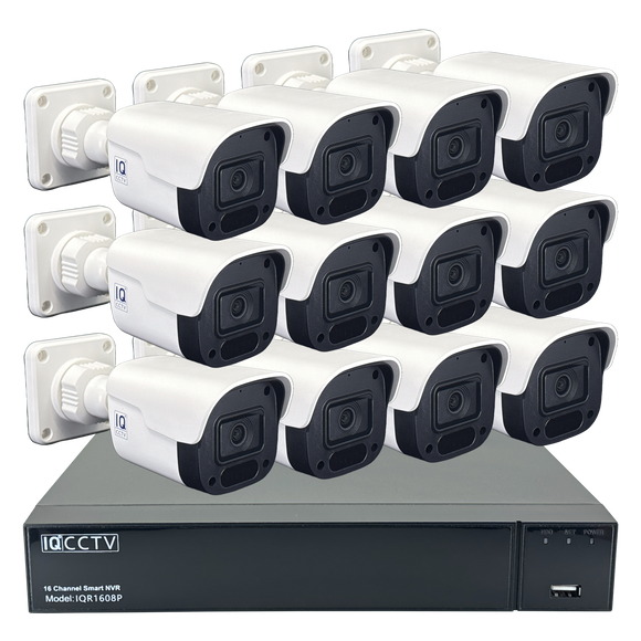 IQCCTV®|IQK12BC|1 YR WTY. 12 camera 4MP IP Bullet CCTV Kit, Smart Motion Detection, 20m cable per camera, 16 channel NVR