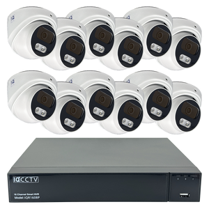 IQCCTV®|IQK12DC|1 YR WTY. 12 camera 8MP/4K IP Dome CCTV Kit, Smart AI, Active Deterrent, 20m cable per camera, 16 channel NVR, NDAA