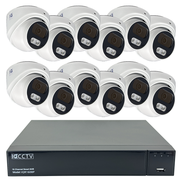 IQCCTV®|IQK12DC|1 YR WTY. 12 camera 8MP/4K IP Dome CCTV Kit, Smart AI, Active Deterrent, 20m cable per camera, 16 channel NVR, NDAA