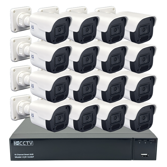 IQCCTV®|IQK16BC|1 YR WTY. 16 camera 4MP IP Bullet CCTV Kit, Smart Motion Detection, 20m cable per camera, 16 channel NVR