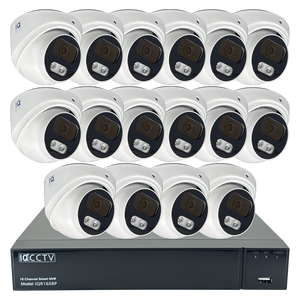 IQCCTV®|IQK16DC|1 YR WTY. 16 camera 8MP/4K IP Dome CCTV Kit, Smart AI, Active Deterrent, 20m cable per camera, 16 channel NVR, NDAA