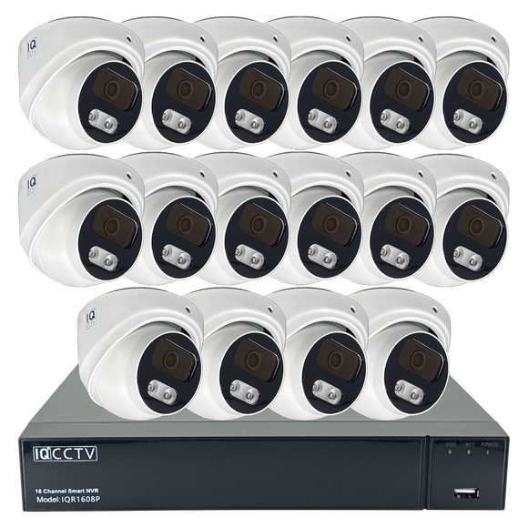 IQCCTV®|IQK16DC|1 YR WTY. 16 camera 8MP/4K IP Dome CCTV Kit, Smart AI, Active Deterrent, 20m cable per camera, 16 channel NVR, NDAA