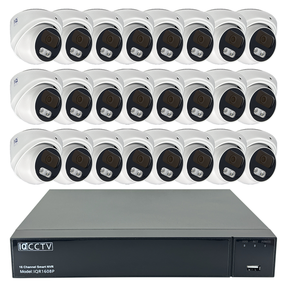 IQCCTV®|IQK24DC|1 YR WTY. 24 camera 8MP/4K IP Dome CCTV Kit, Smart AI, Active Deterrent, 20m cable per camera, 32 channel NVR, NDAA