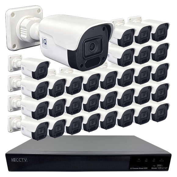 IQCCTV®|IQK32BC|1 YR WTY. 32 camera 4MP IP Bullet CCTV Kit, Smart Motion Detection, 20m cable per camera, 32 channel NVR