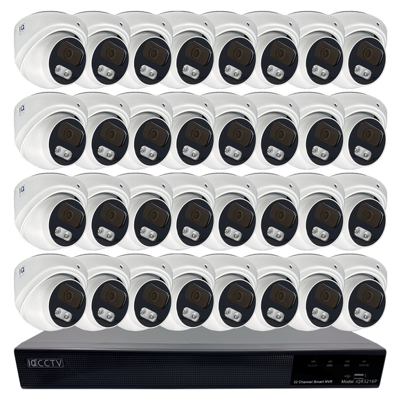 IQCCTV®|IQK32DC|1 YR WTY. 32 camera 8MP/4K IP Dome CCTV Kit, Smart AI, Active Deterrent, 20m cable per camera, 32 channel NVR, NDAA