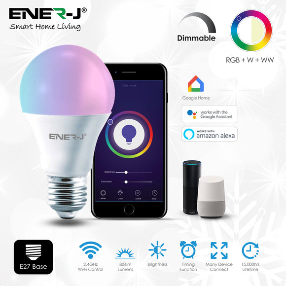 Ener-J ®|SHA5308|1 YR WTY. Smart WiFi GLS LED Lamp E27, 9W, RGB+W+WW, Dimmable *Special order. 3-5 days lead time
