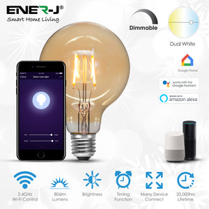 Ener-J ®|SHA5309|1 YR WTY. Smart WiFi CCT Changing & Dimmable Amber Glass G95 LED Globe Lamp E27 8.5W *Special order. 3-5 days lead time